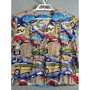 Paradise Found Hawaiian Shirt Size M Rayon Route 66 Muscle Cars VNeck Multicolor